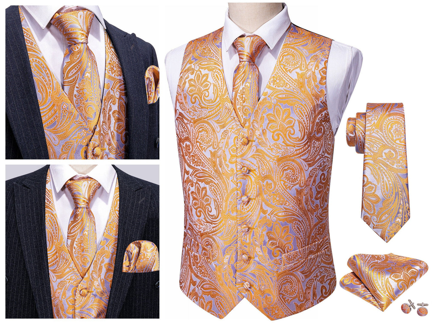 Men's Floral Waistcoat Novelty Silky Set Gilet Tuxedo Vest Barry Wang Casual Business [Budhi Orange+]