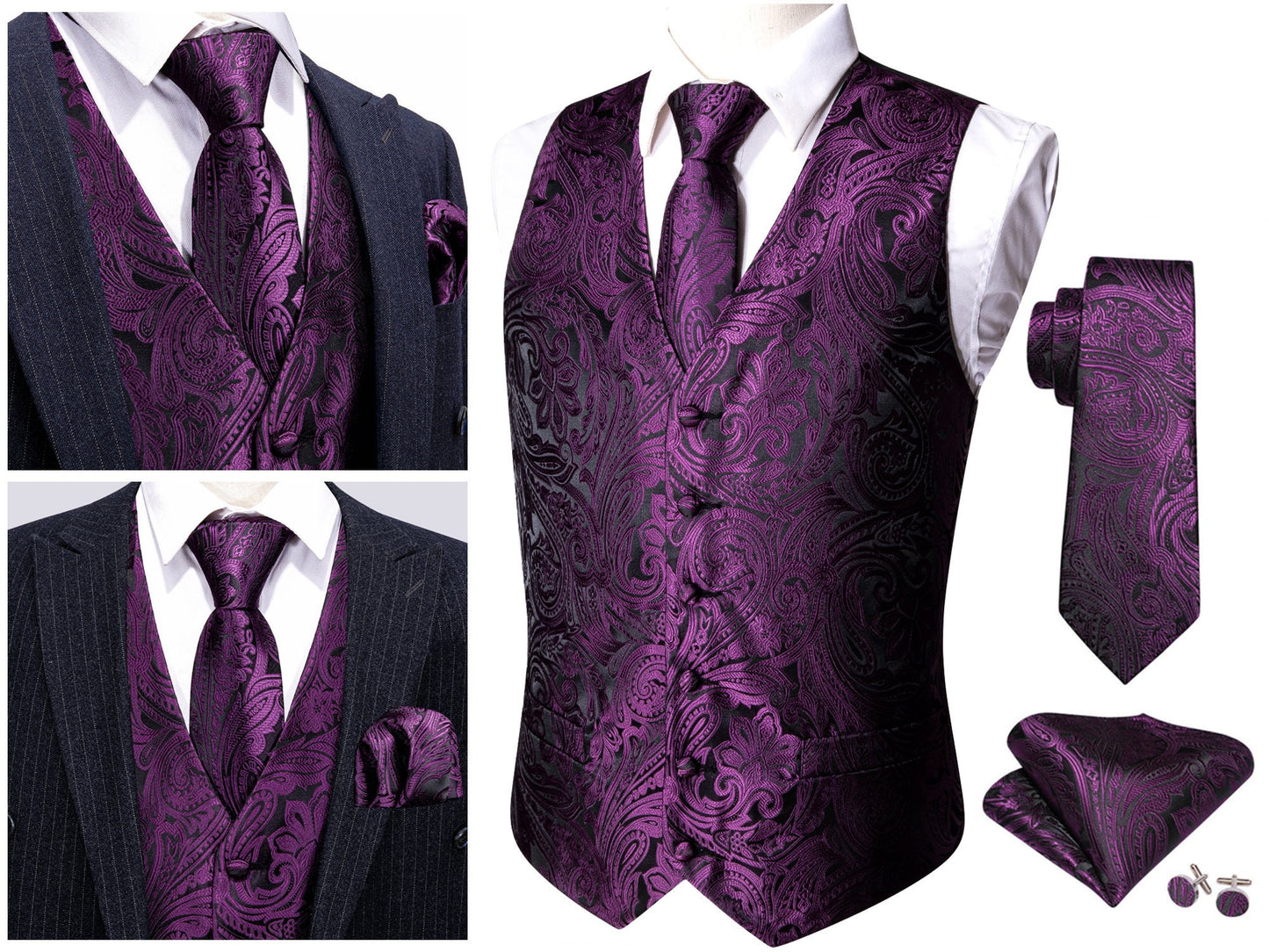 Men's Floral Waistcoat Novelty Silky Set Gilet Tuxedo Vest Barry Wang Casual Business [Budhi Purple+]