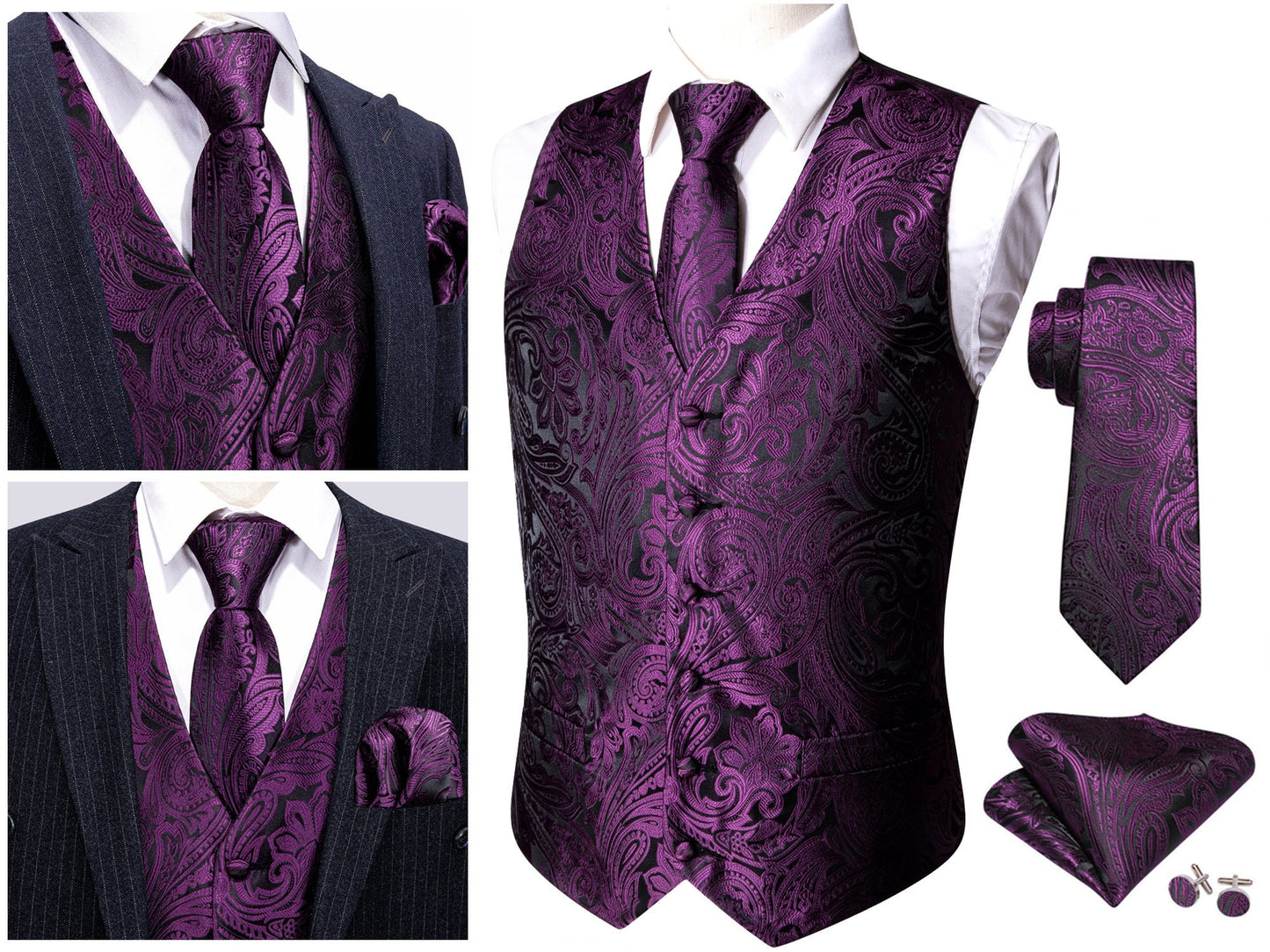 Men's Waistcoat Floral Novelty Silky Set Gilet Tuxedo Vest Barry Wang Casual Business [Damask Paisley Sea Blue+]