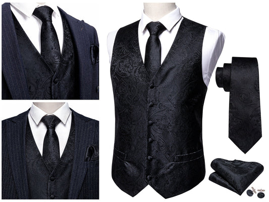 Men's Waistcoat Floral Novelty Silky Set Gilet Tuxedo Vest Barry Wang Casual Business [Damask Paisley Black+]