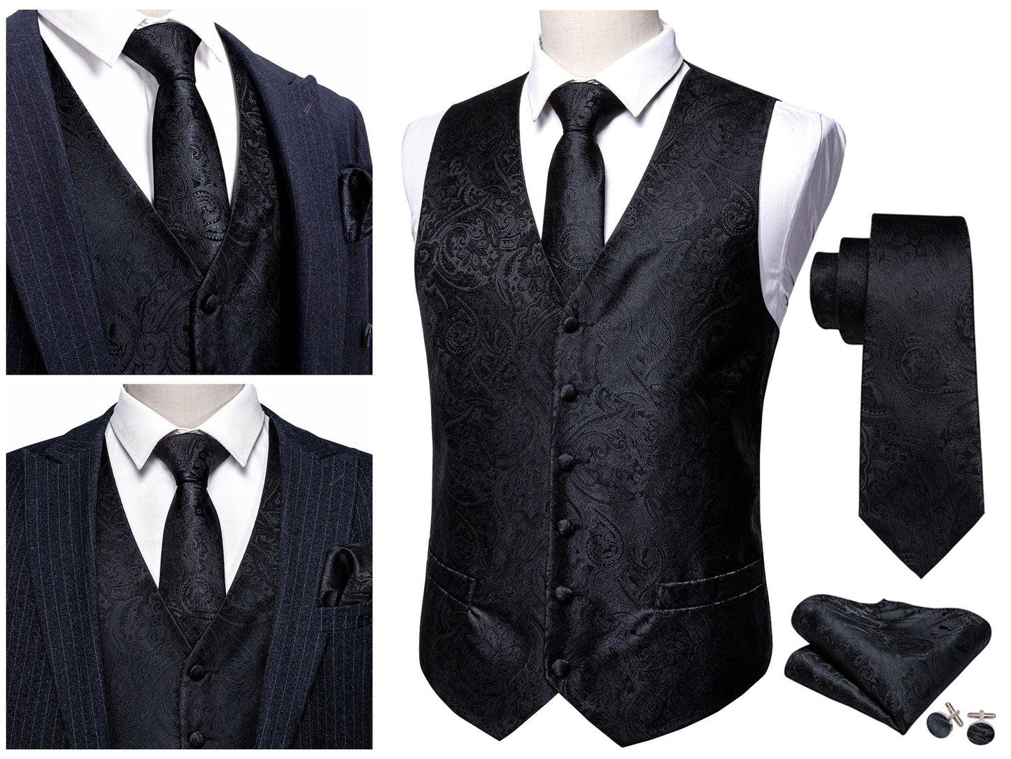 Men's Waistcoat Floral Novelty Silky Set Gilet Tuxedo Vest Barry Wang Casual Business [Damask Gold Foil+]