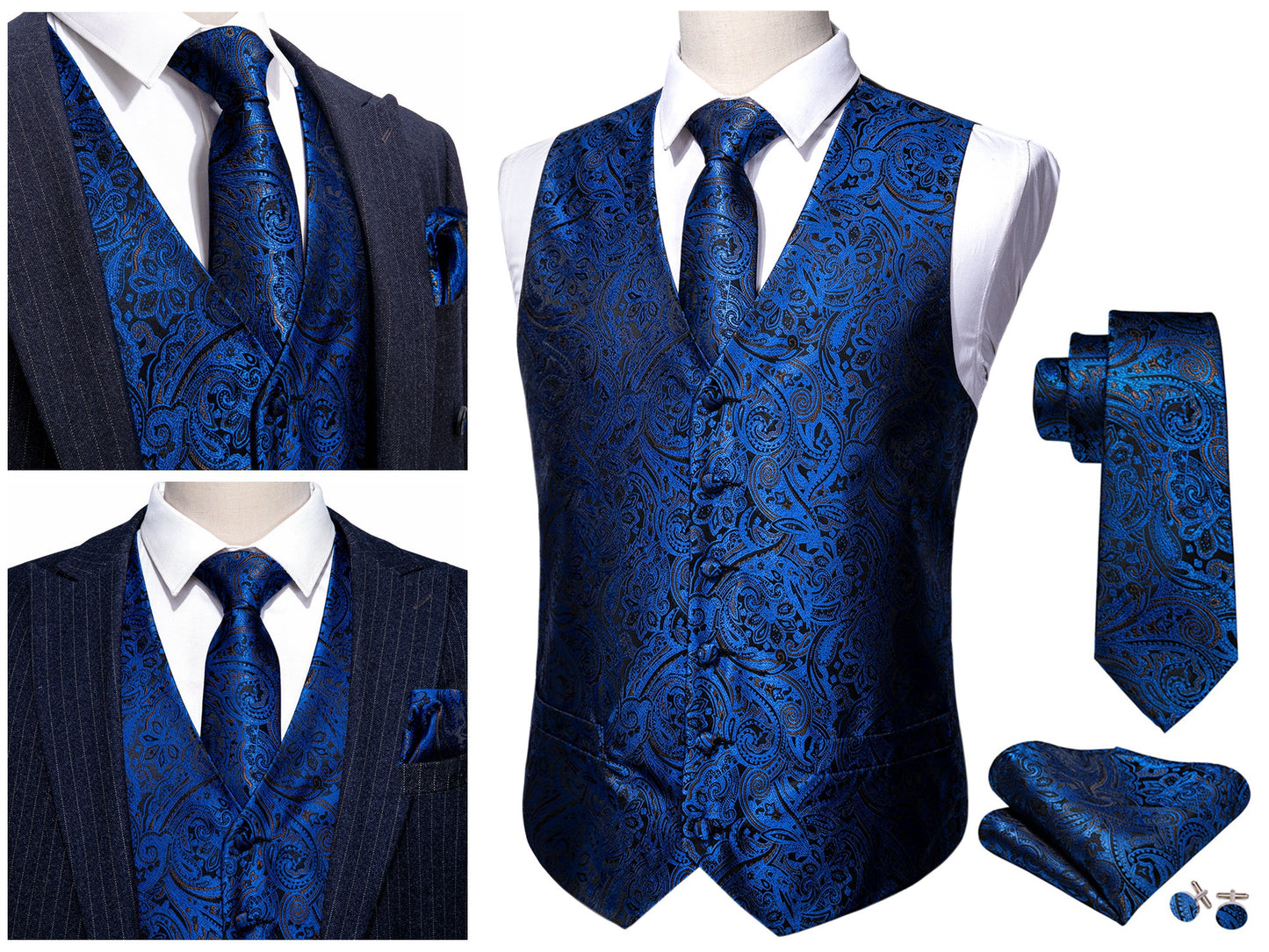 Men's Waistcoat Floral Novelty Silky Set Gilet Tuxedo Vest Barry Wang Casual Business [Damask Paisley Tobacco+]