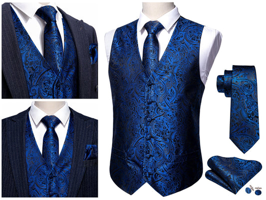 Men's Waistcoat Floral Novelty Silky Set Gilet Tuxedo Vest Barry Wang Casual Business [Damask Paisley Sea Blue+]