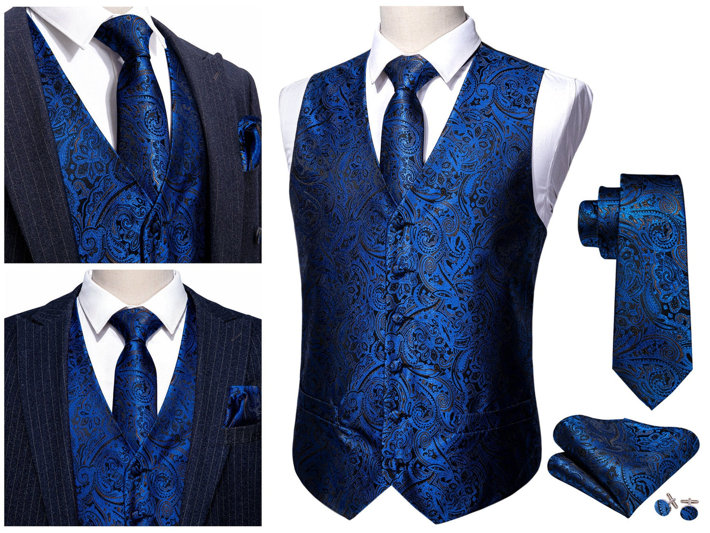 Men's Waistcoat Floral Novelty Silky Set Gilet Tuxedo Vest Barry Wang Casual Business [Damask Gold Foil+]
