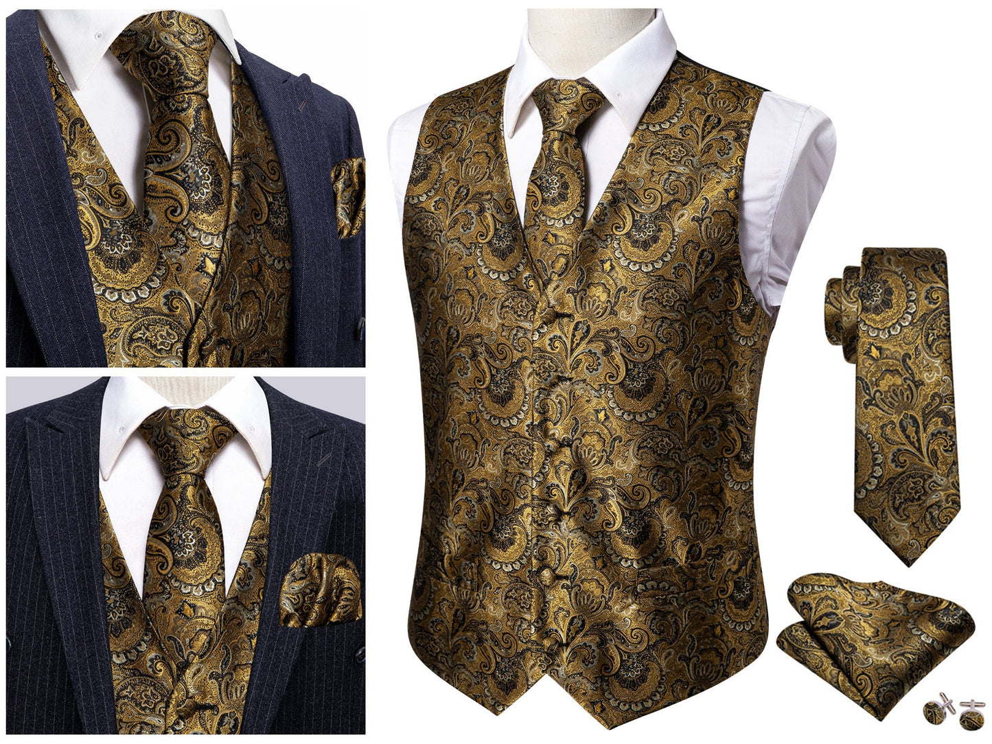 Men's Waistcoat Floral Novelty Silky Set Gilet Tuxedo Vest Barry Wang Casual Business [Damask Gold Foil+]
