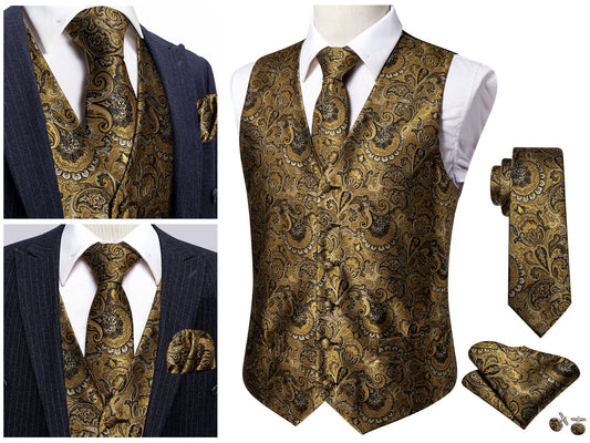 Men's Waistcoat Floral Novelty Silky Set Gilet Tuxedo Vest Barry Wang Casual Business [Damask Gold Foil+]