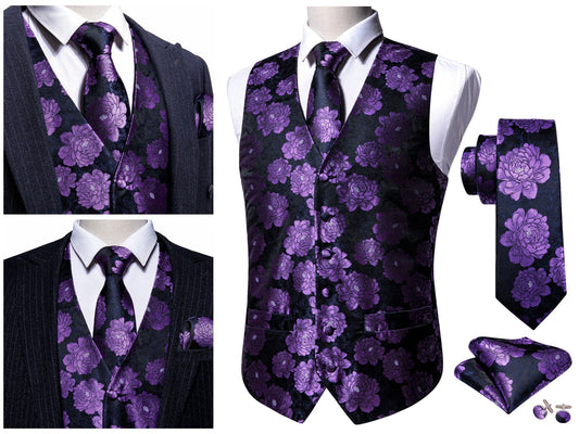 Men's Waistcoat Paisley Floral Silky Set Gilet Tuxedo Vest Barry Wang Casual Business [Ane Mone Black+]