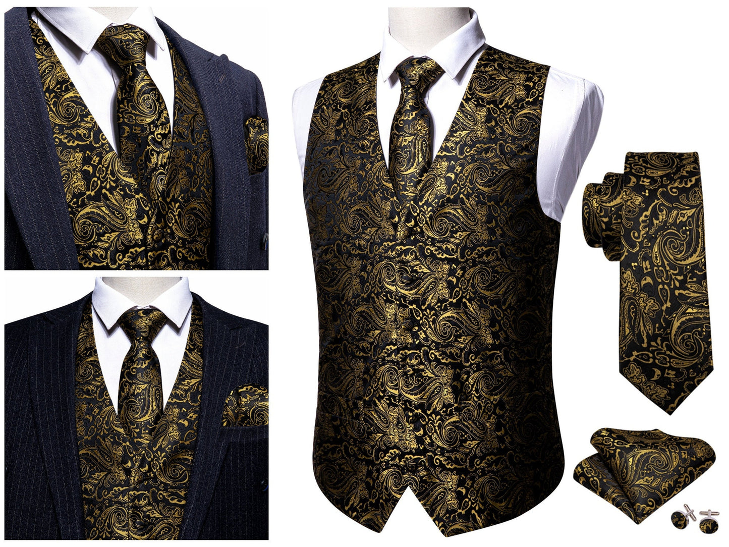 Men's Waistcoat Paisley Floral Silky Set Gilet Tuxedo Vest Barry Wang Casual Business [Funk Gale Silver Grey+]