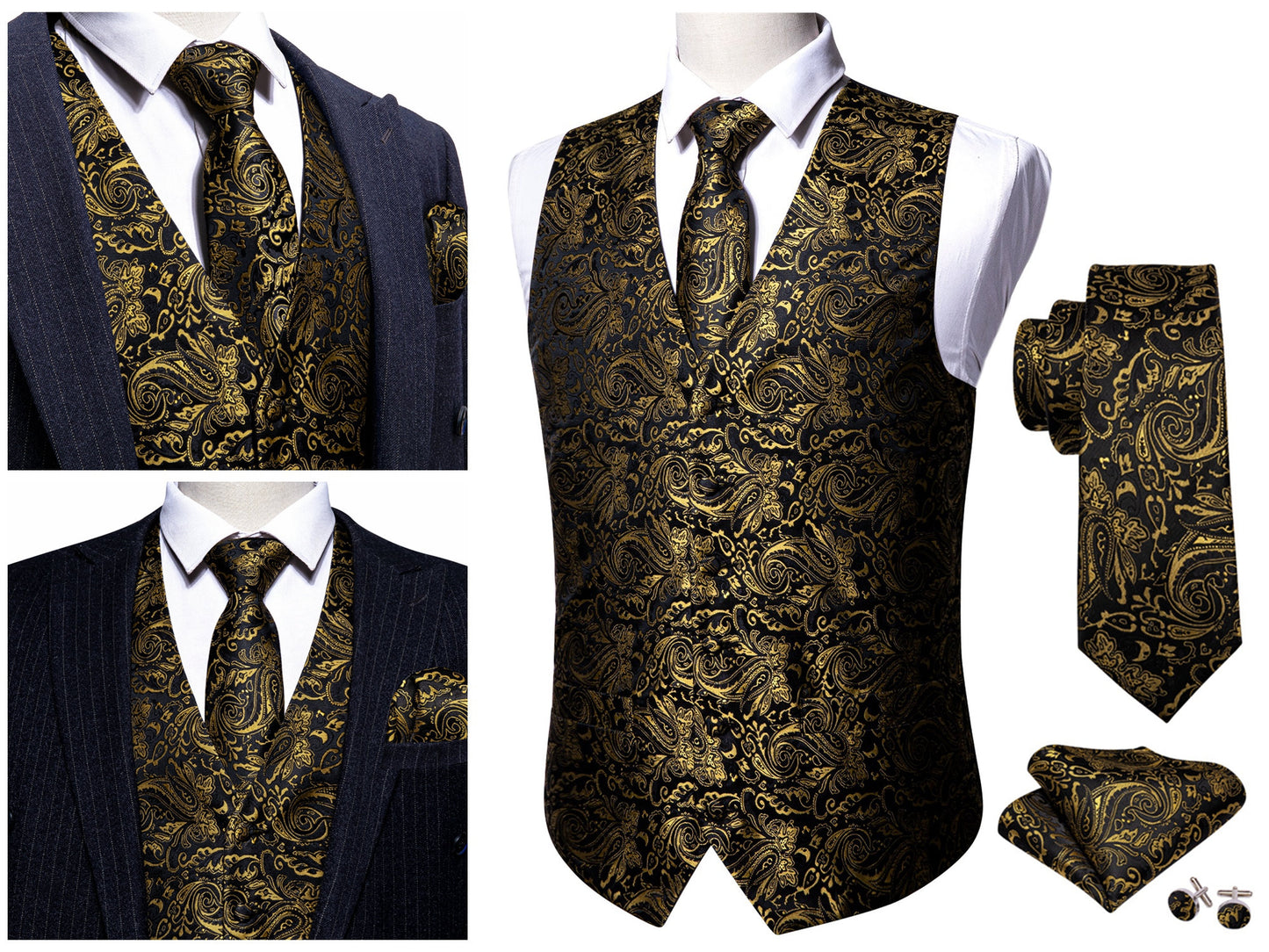 Men's Waistcoat Paisley Floral Silky Set Gilet Tuxedo Vest Barry Wang Casual Business [Silver James+]