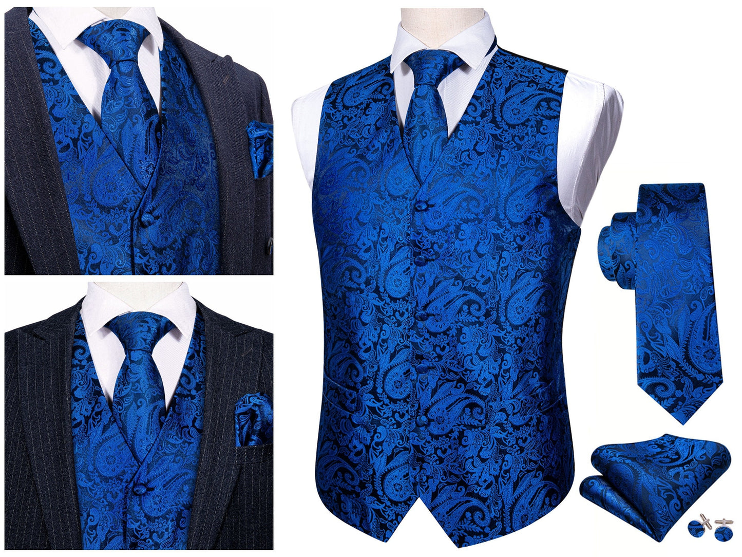 Men's Waistcoat Paisley Floral Silky Set Gilet Tuxedo Vest Barry Wang Casual Business [Paisley Green+]
