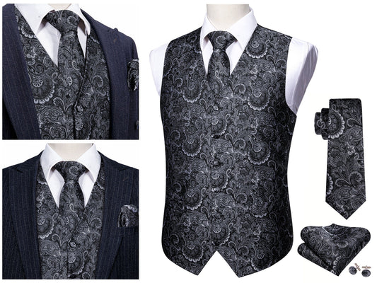 Men's Waistcoat Floral Paisley Silky Set Gilet Tuxedo Vest Barry Wang Casual Business [Dark Halo Black+]