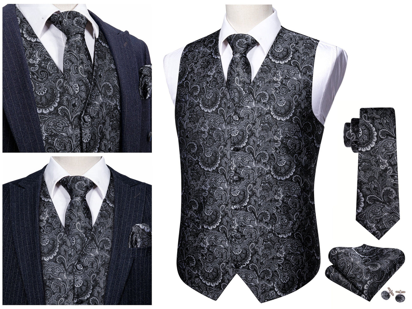 Men's Waistcoat Floral Paisley Silky Set Gilet Tuxedo Vest Barry Wang Casual Business [La Venda+]