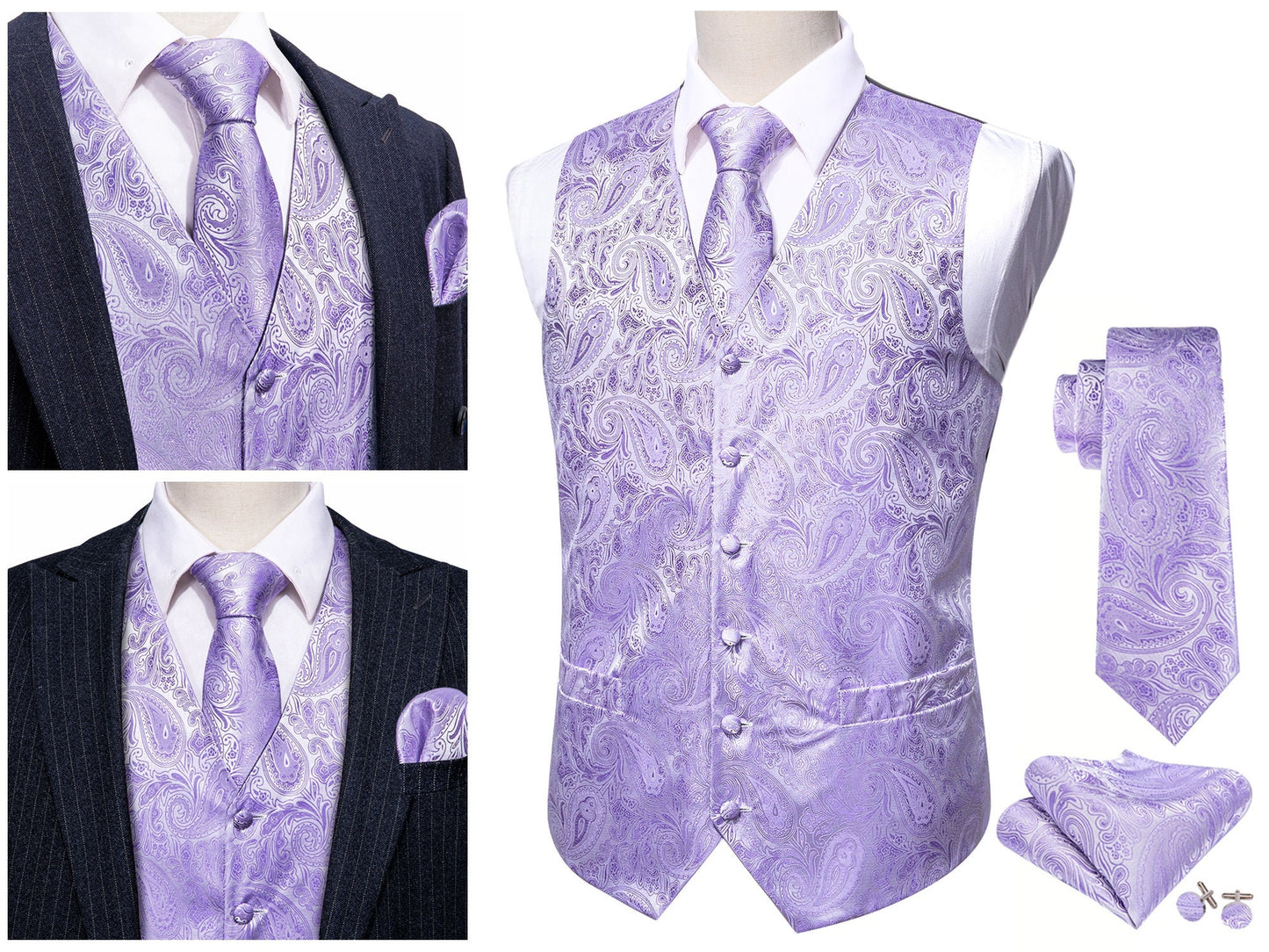 Men's Waistcoat Floral Paisley Silky Set Gilet Tuxedo Vest Barry Wang Casual Business [La Venda+]