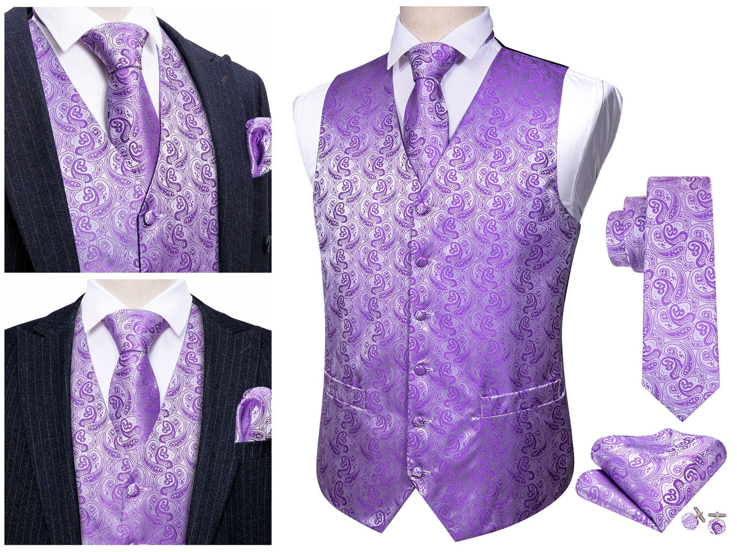 Men's Waistcoat Floral Paisley Silky Set Gilet Tuxedo Vest Barry Wang Casual Business [Dark Halo Black+]