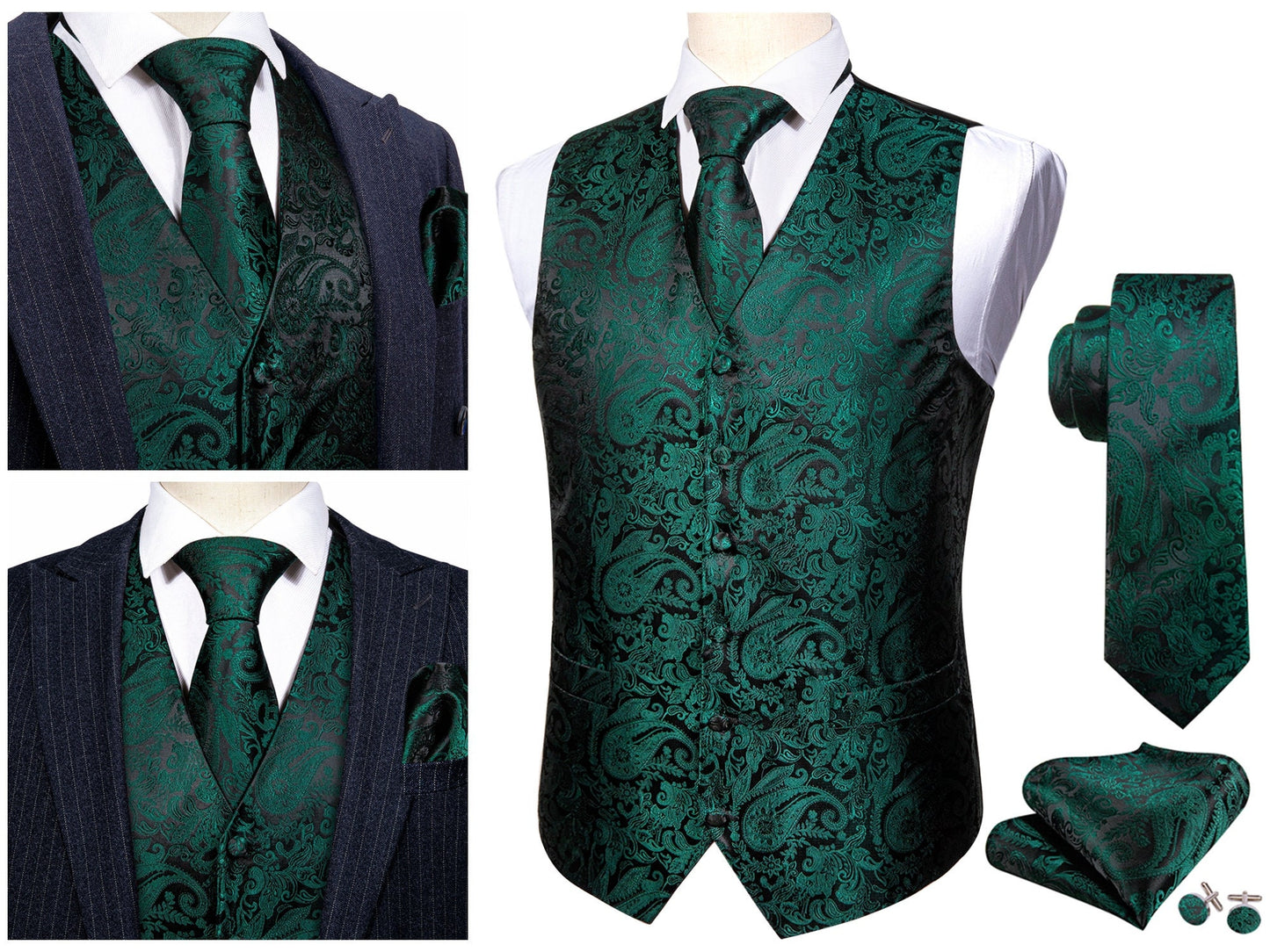 Men's Waistcoat Floral Paisley Silky Set Gilet Tuxedo Vest Barry Wang Casual Business [Pine Fossil+]