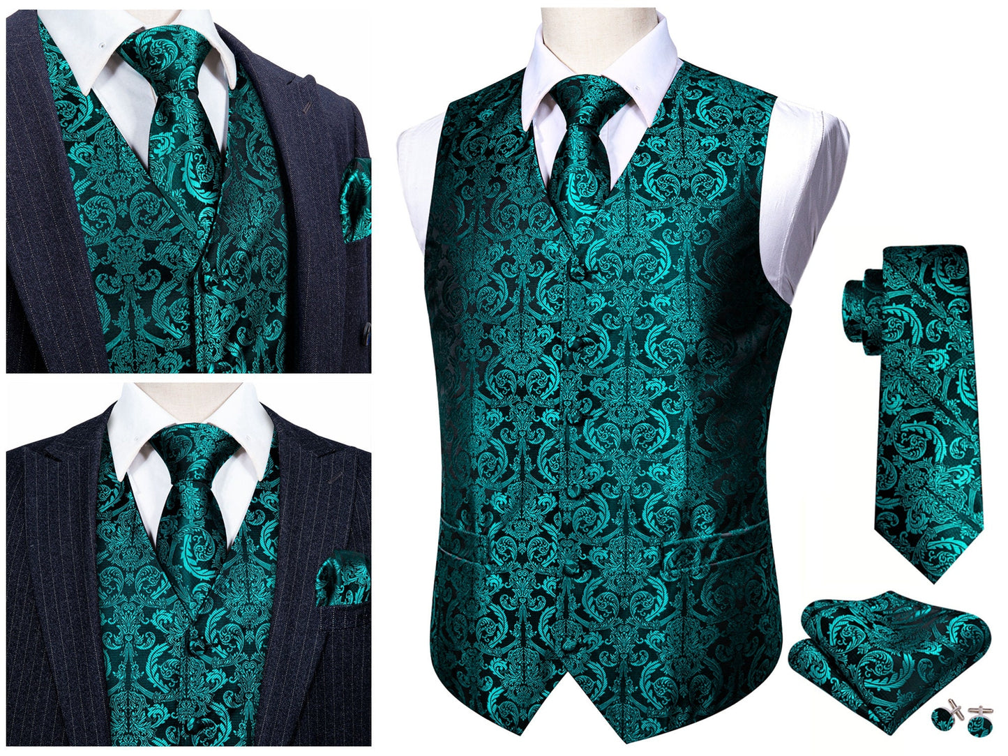 Men's Waistcoat Floral Paisley Silky Set Gilet Tuxedo Vest Barry Wang Casual Business [Dark Halo Black+]