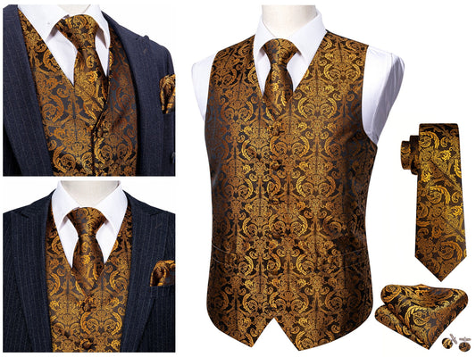 Men's Silky Waistcoat Floral Paisley Set Gilet Tuxedo Vest Barry Wang Casual Business [Palace Golden+]