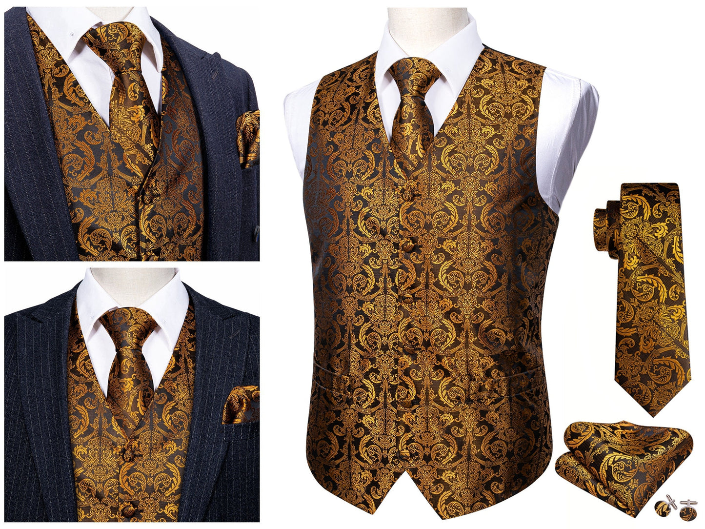 Men's Silky Waistcoat Floral Paisley Set Gilet Tuxedo Vest Barry Wang Casual Business [Inka Neon Violet+]