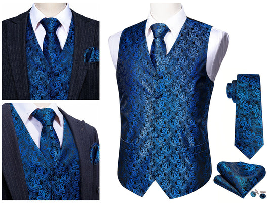 Men's Silky Waistcoat Floral Paisley Set Gilet Tuxedo Vest Barry Wang Casual Business [Royal Blue Cashew+]
