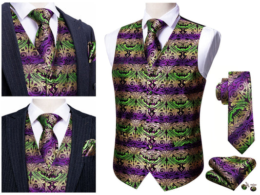 Men's Silky Waistcoat Floral Paisley Set Gilet Tuxedo Vest Barry Wang Casual Business [Inka Neon Violet+]