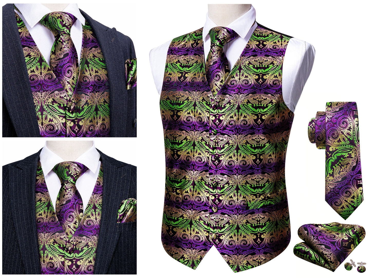 Men's Silky Waistcoat Floral Paisley Set Gilet Tuxedo Vest Barry Wang Casual Business [Royal Blue Cashew+]