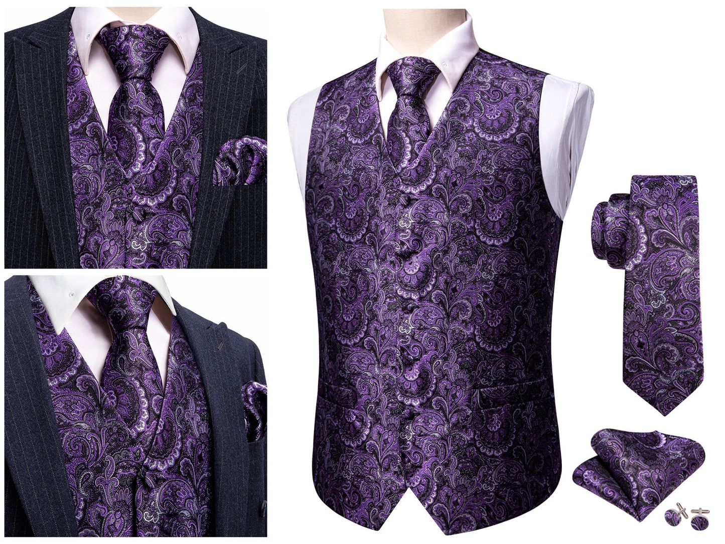 Men's Silky Waistcoat Floral Paisley Set Gilet Tuxedo Vest Barry Wang Casual Business [Pine Green Sunrise+]