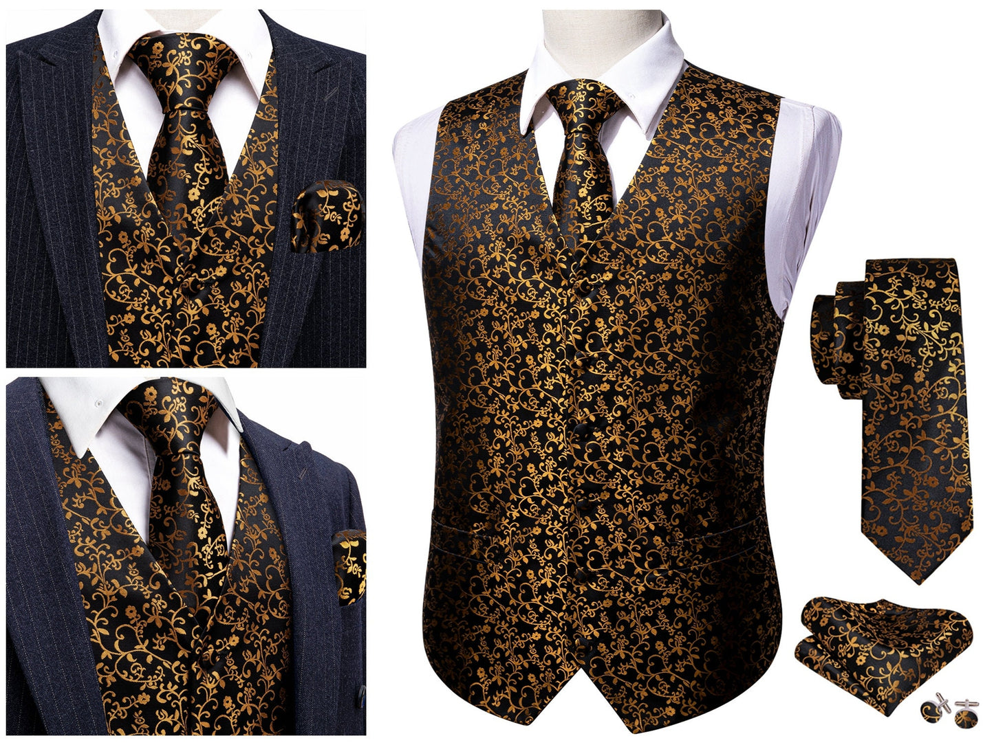 Men's Silky Waistcoat Floral Patterned Set Gilet Tuxedo Vest Barry Wang Casual Business [Silver Sheild+]