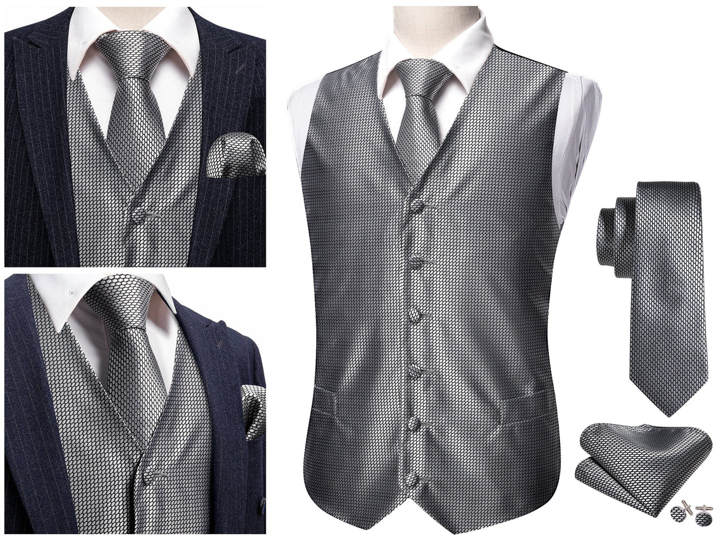 Men's Silky Waistcoat Floral Patterned Set Gilet Tuxedo Vest Barry Wang Casual Business [Silver Sheild+]