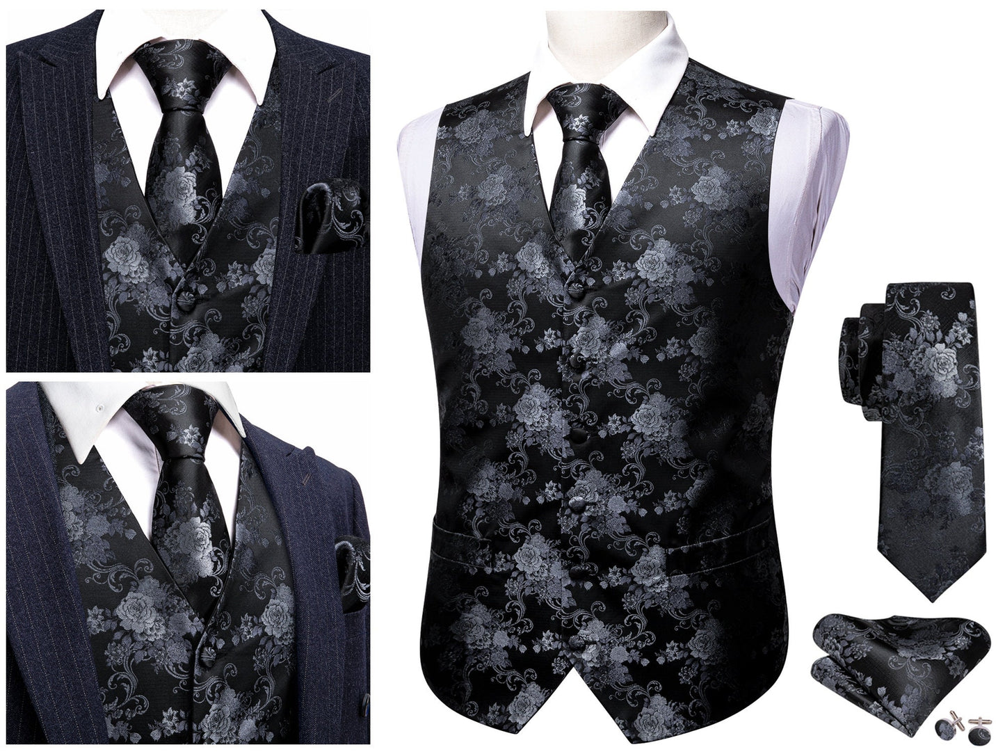 Men's Floral Waistcoat Silky Patterned Set Gilet Tuxedo Vest Barry Wang Casual Business [Aqua Dahlia+]