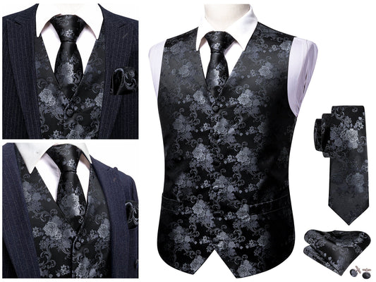 Men's Floral Waistcoat Silky Patterned Set Gilet Tuxedo Vest Barry Wang Casual Business [Charcoal Dahlia+]