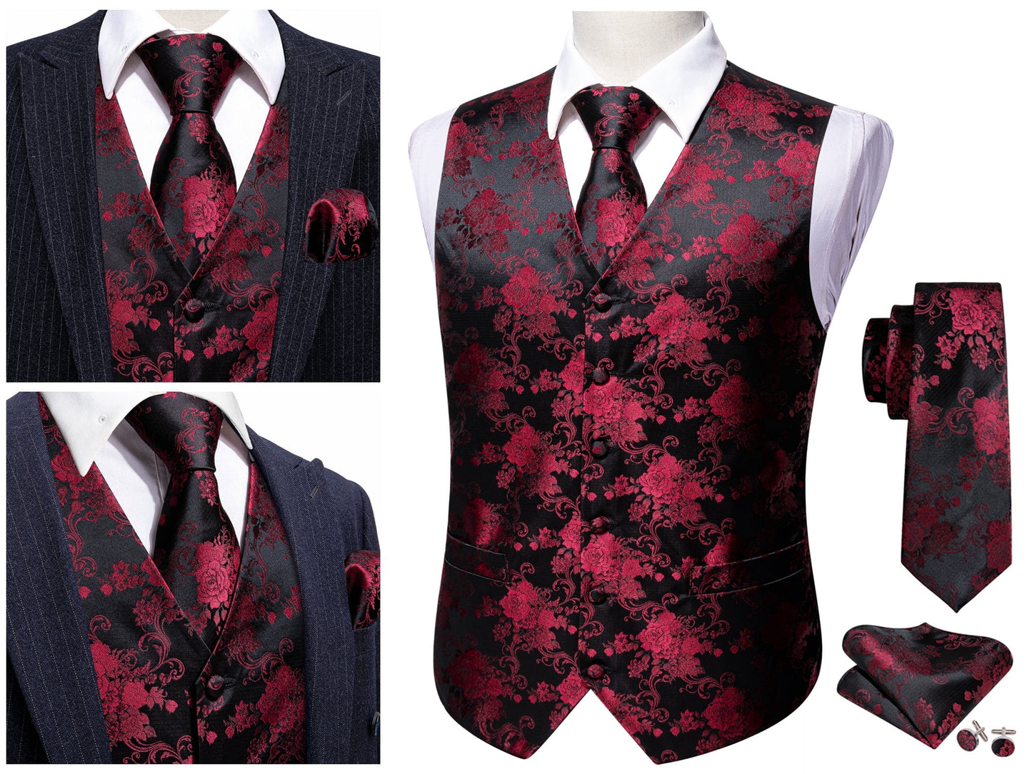 Men's Floral Waistcoat Silky Patterned Set Gilet Tuxedo Vest Barry Wang Casual Business [Lemon Green+]