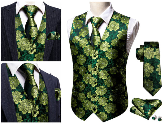 Men's Floral Waistcoat Silky Patterned Set Gilet Tuxedo Vest Barry Wang Casual Business [Lemon Green+]
