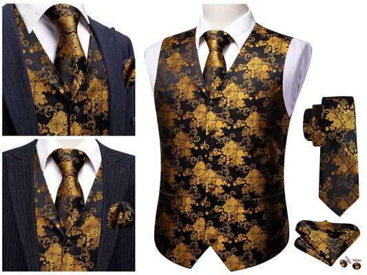 Men's Floral Waistcoat Silky Patterned Set Gilet Tuxedo Vest Barry Wang Casual Business [Golden Dahlia+]