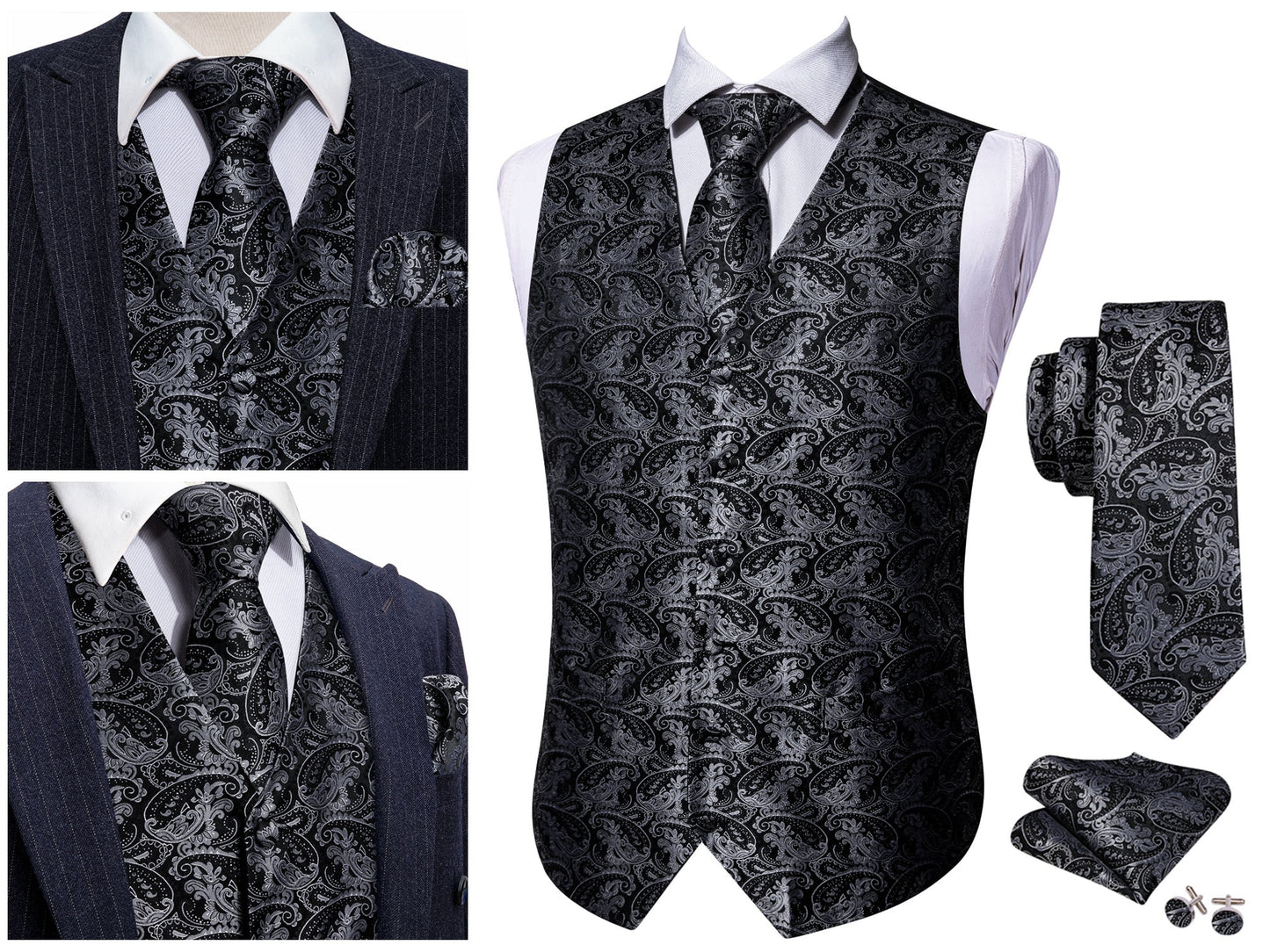 Men's Waistcoat Silky Floral Paisley Set Gilet Tuxedo Vest Barry Wang Casual Business [Silver Shells+]