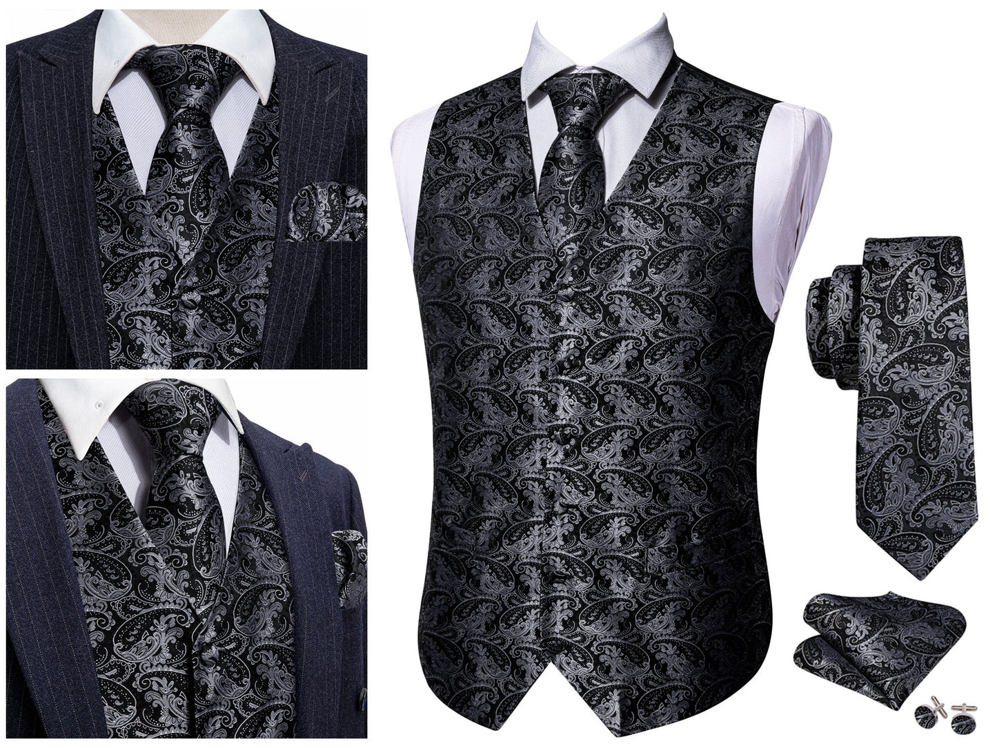 Men's Waistcoat Silky Floral Paisley Set Gilet Tuxedo Vest Barry Wang Casual Business [Bronze Shells+]