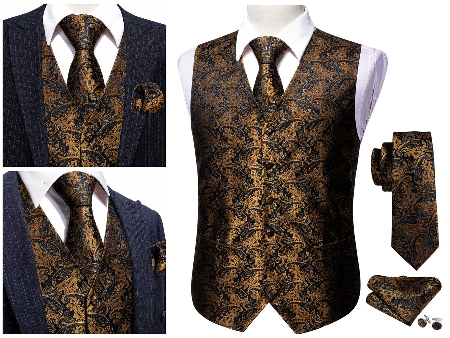 Men's Waistcoat Silky Floral Paisley Set Gilet Tuxedo Vest Barry Wang Casual Business [Steel Navy+]