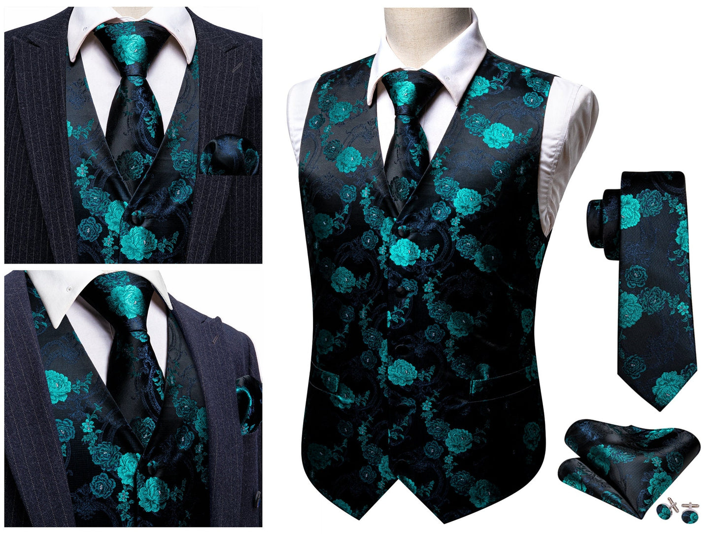 Men's Waistcoat Silky Floral Paisley Gilet Set Tuxedo Vest Barry Wang Casual Business [Seaweed Green Shells+]