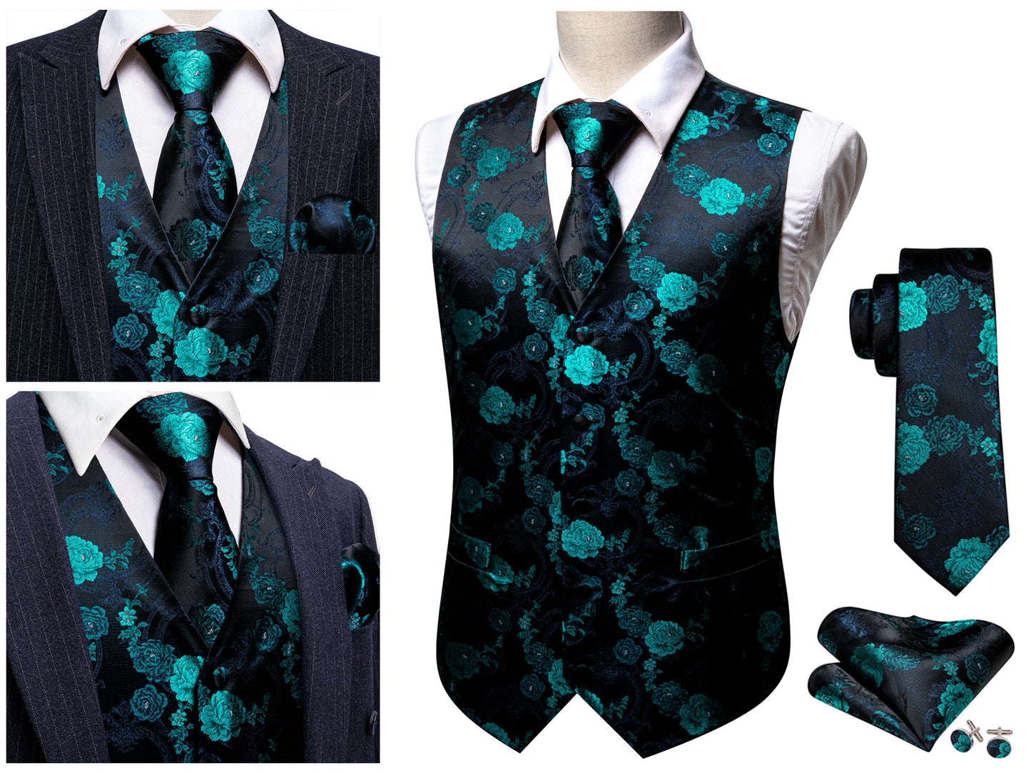 Men's Waistcoat Silky Floral Paisley Gilet Set Tuxedo Vest Barry Wang Casual Business [Royal Blue Whales+]