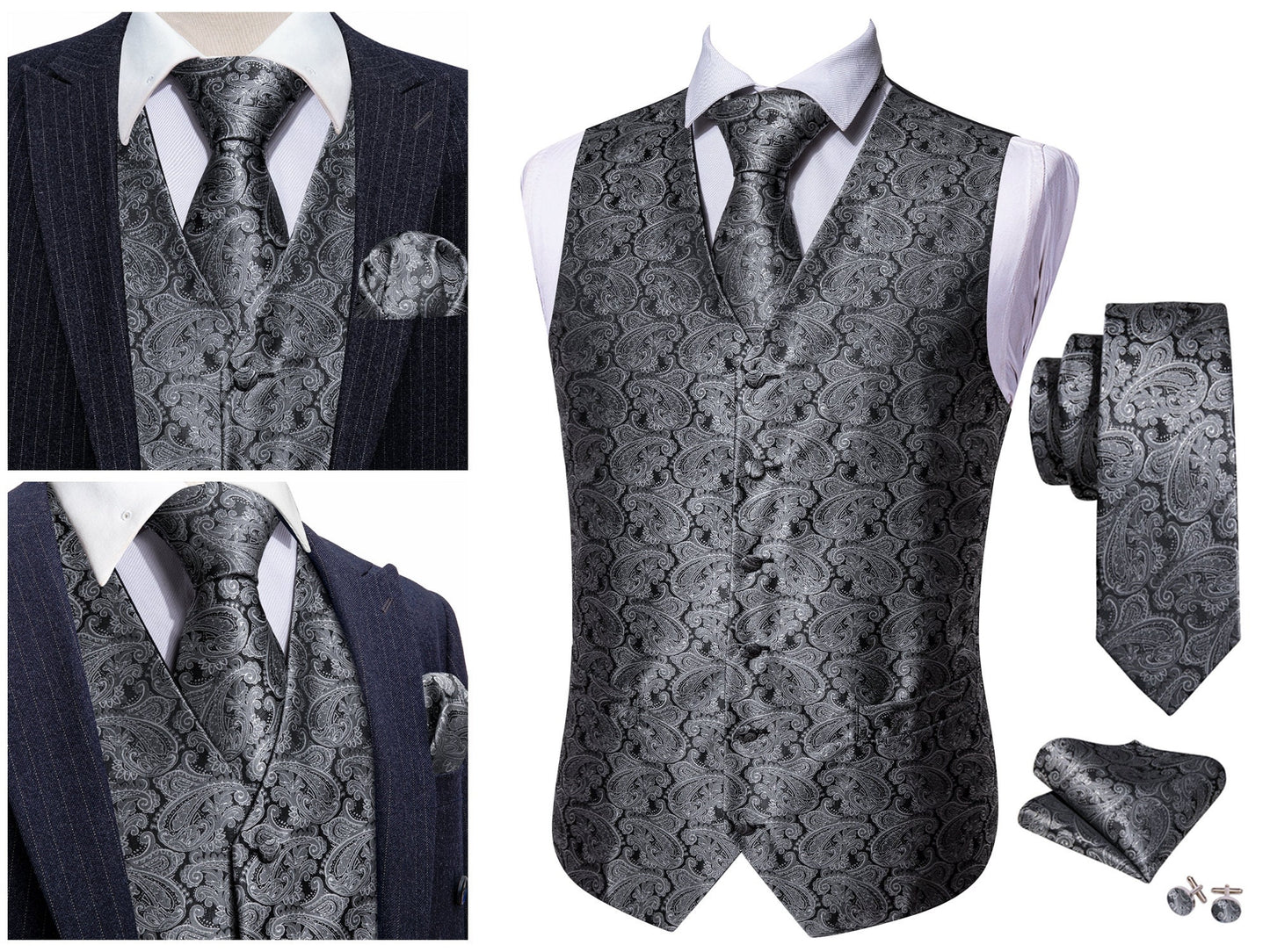 Men's Waistcoat Silky Floral Paisley Gilet Set Tuxedo Vest Barry Wang Casual Business [Seaweed Green Shells+]