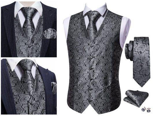 Men's Waistcoat Silky Floral Paisley Gilet Set Tuxedo Vest Barry Wang Casual Business [Fossil Grey Shells+]