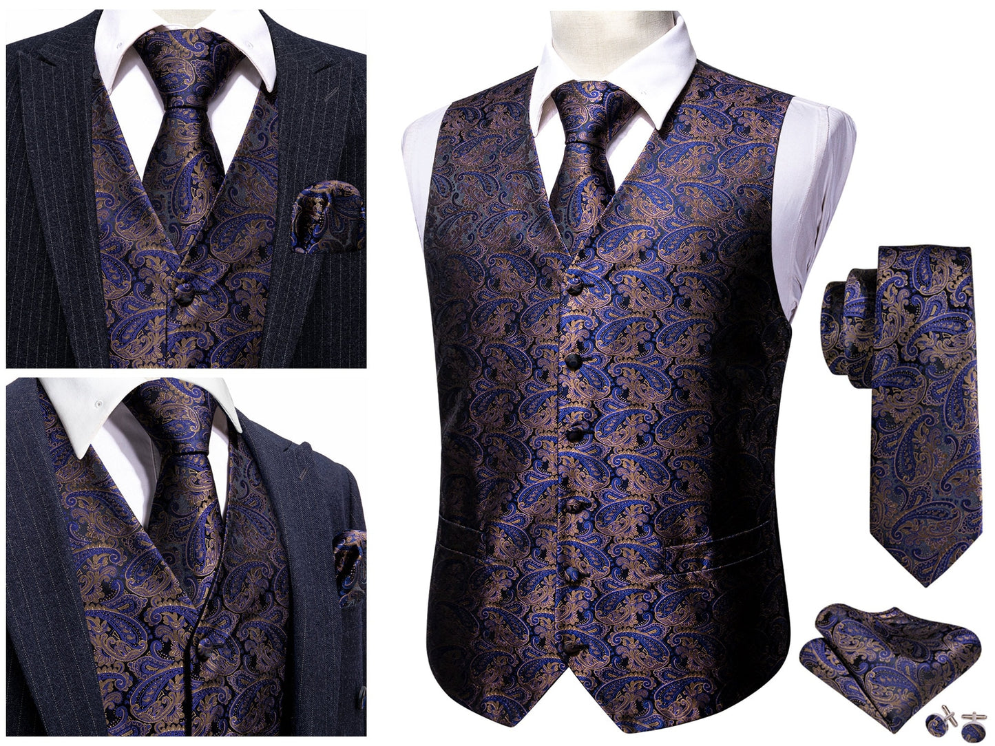 Men's Waistcoat Silky Floral Paisley Gilet Set Tuxedo Vest Barry Wang Casual Business [Royal Blue Whales+]