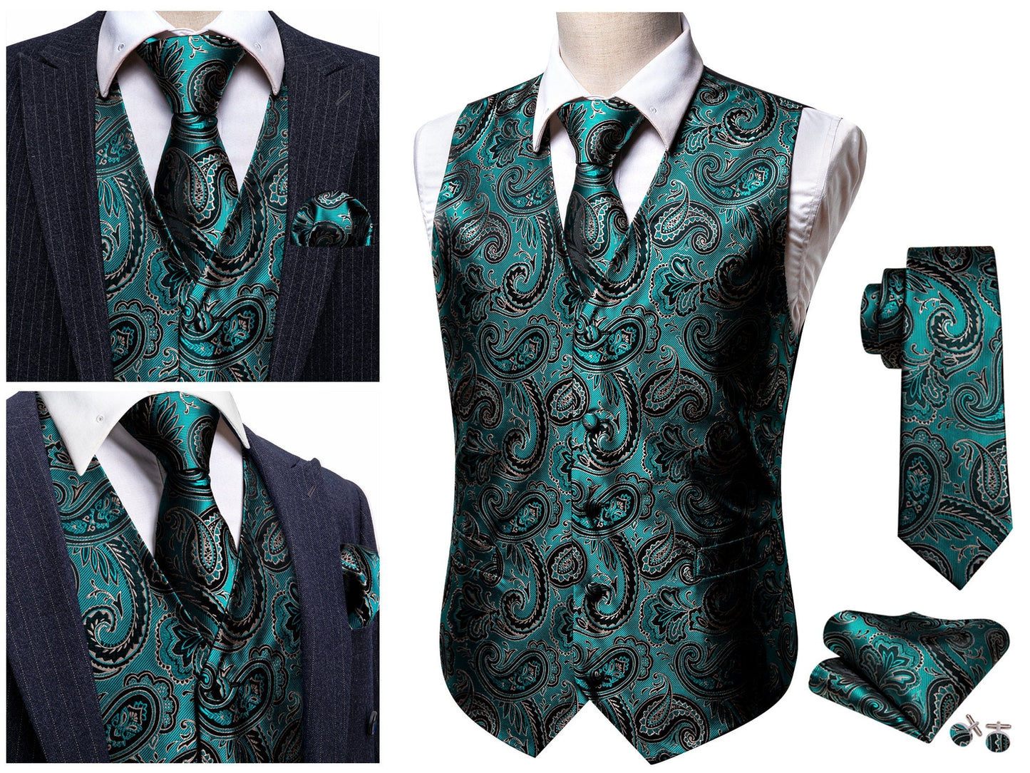 Men's Waistcoat Silky Floral Paisley Gilet Set Tuxedo Vest Barry Wang Casual Business [Seaweed Green Shells+]