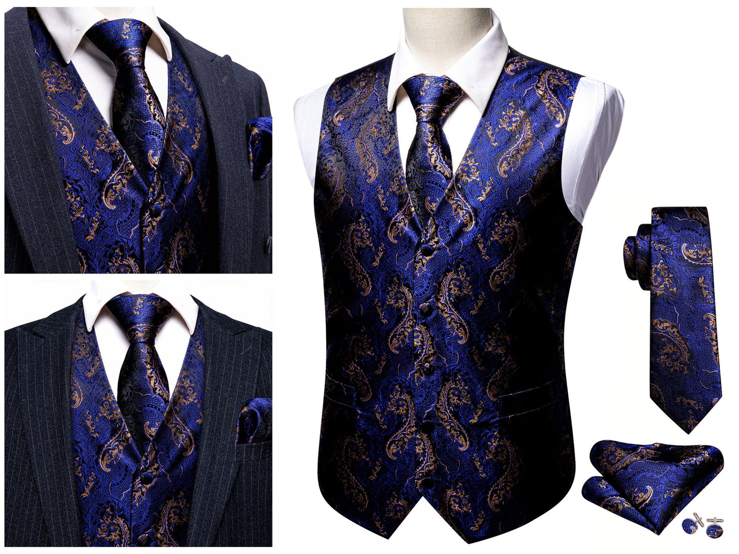 Men's Floral Waistcoat Silky Paisley Gilet Set Tuxedo Vest Barry Wang Casual Business [Garden Blue+]