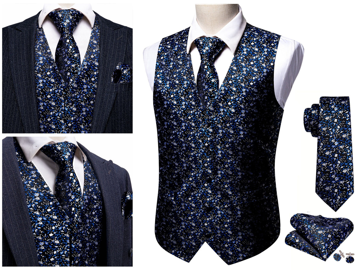 Men's Floral Waistcoat Silky Paisley Gilet Set Tuxedo Vest Barry Wang Casual Business [Garden Blue+]