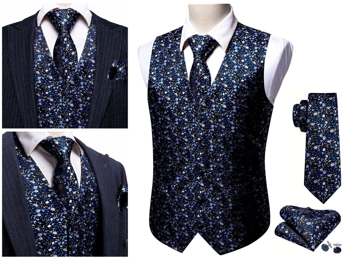 Men's Floral Waistcoat Silky Paisley Gilet Set Tuxedo Vest Barry Wang Casual Business [Daisy Blue+]