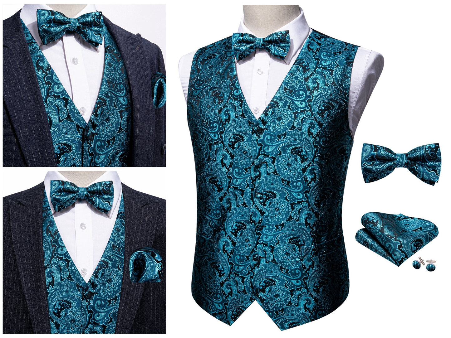 Men's Waistcoat Silky Tuxedo  Set French Fan [Teal Blue+]