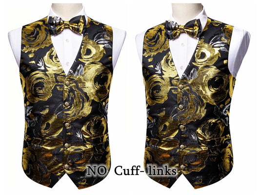 Barry Wang Men's Waistcoat Silky Woven Vest Set Gilet Tuxedo Bowtie Shiny [Champagne Ring+]