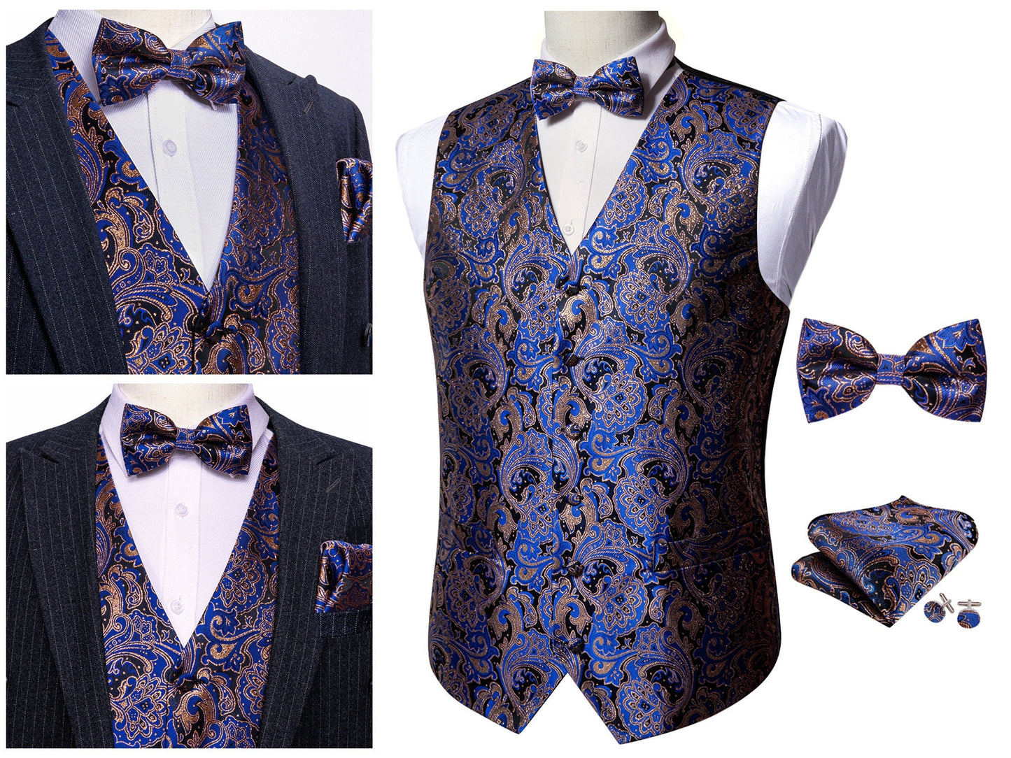Men's Waistcoat Silky Tuxedo  Set French Fan [Royal Blue+]