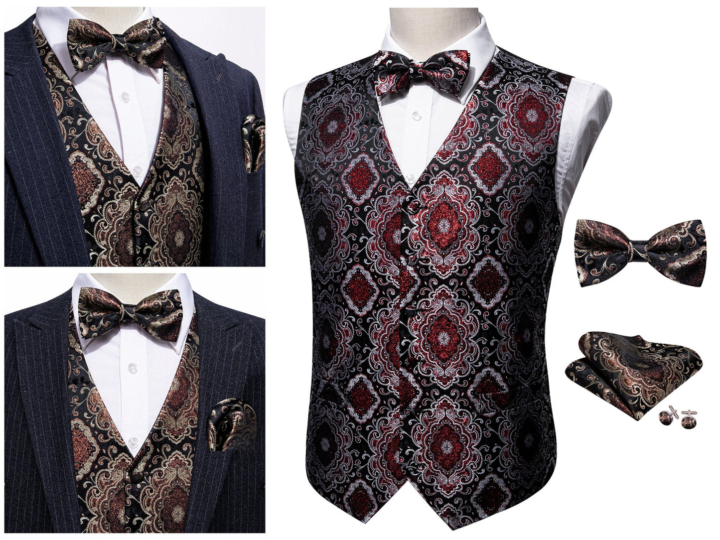 Barry Wang Men's Waistcoat Silky Woven Vest Set Gilet Tuxedo Bowtie Shiny [Royal Blue Ring+]