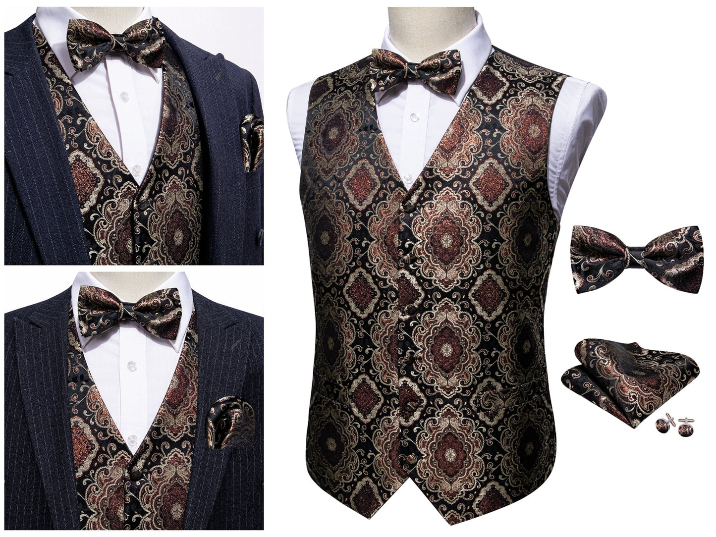 Men's Waistcoat Silky Tuxedo  Set Diamond [Brown+]